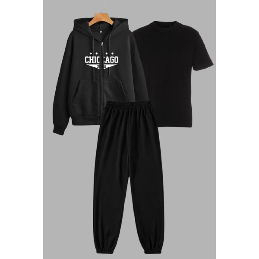 Unisex Siyah Kapüşonlu Sweatshirt Ceket, Eşofman Altı ve T-Shirt 3'lü Takım Chicago Baskılı Kadın Eşofman Fiyatı