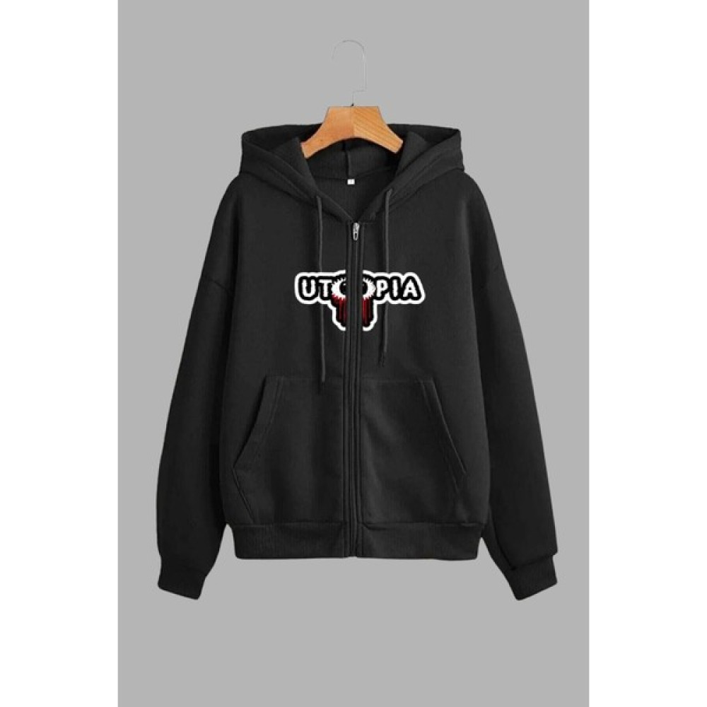 Unisex Siyah Kapüşonlu Sweatshirt Ceket Utopia Baskılı Bayan Ceket Fiyatı