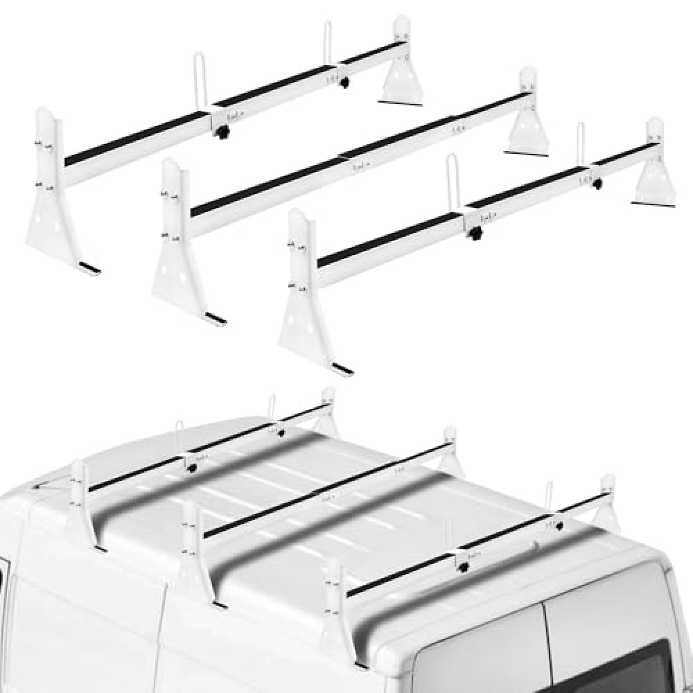 Universal Ladder Rack for Van, Van Roof Rack for Chevy Express 1500 2500 3500 Ford Econoline GMC Savana Fullsize Van with Rain Gutter, Adjustable Length 57''-65'', 3 Bars, 800 Lbs Ladder Rack, White