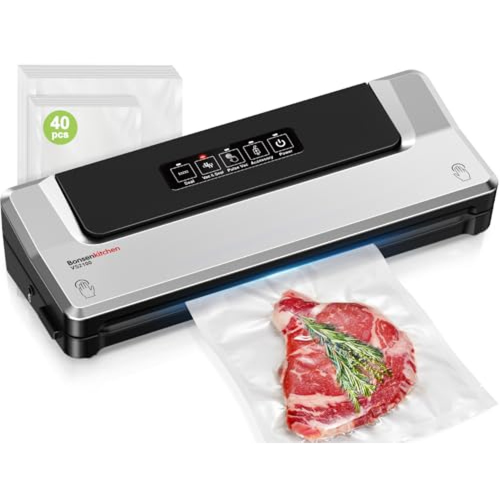 [Updated 2025] Bonsenkitchen Vacuum Sealer Machine + 40 Vacuum Bags, Fast-Compact/Multi-Functional Food Vacuum Sealer with External Vacuum System, Silver