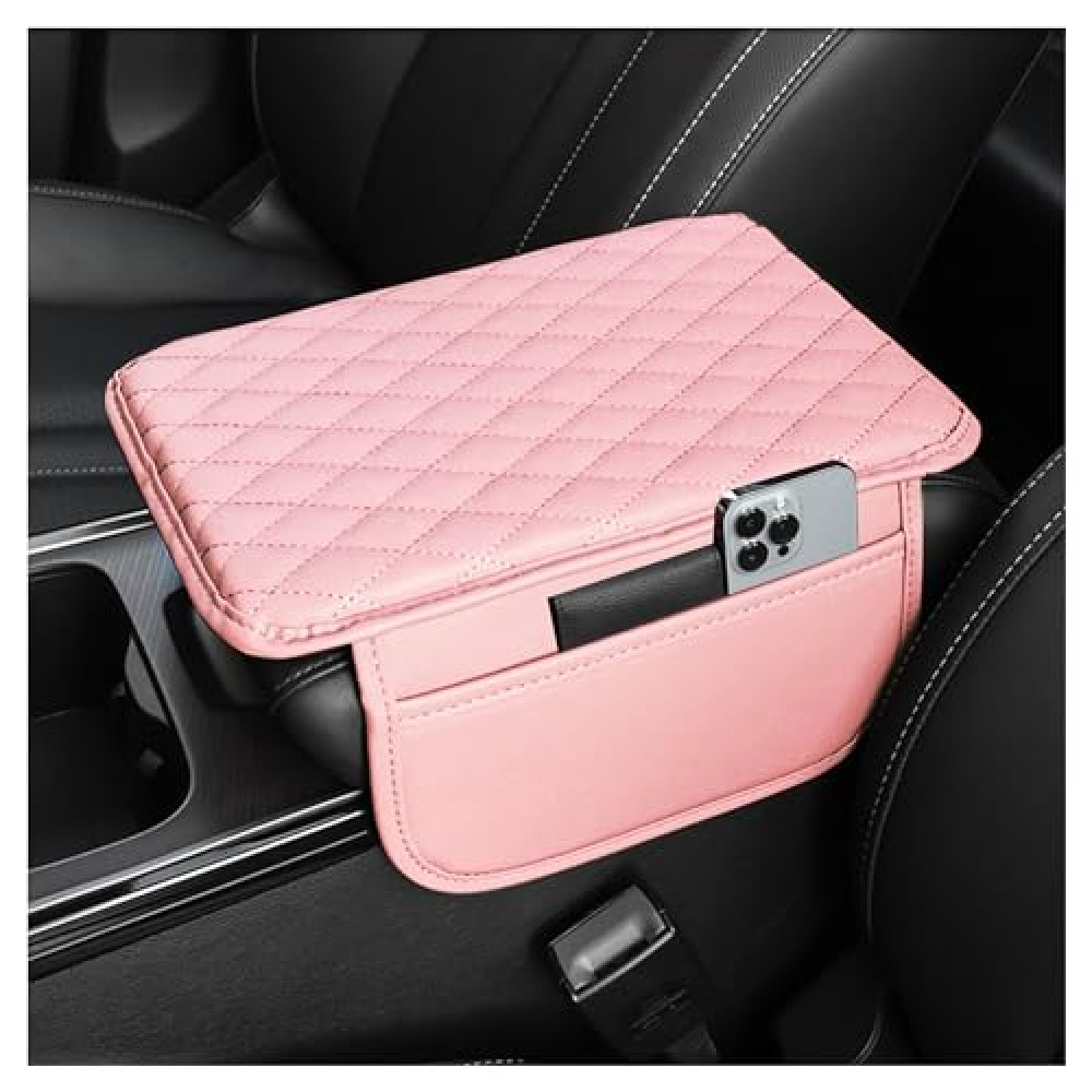 Upgraded Car Center Console Cover,Microfiber Leather Car Armrest Cover Cushion with 2 Storage Bags,Universal Car Armrest Storage Box Car Interior Accessories for Most Cars (Pink)