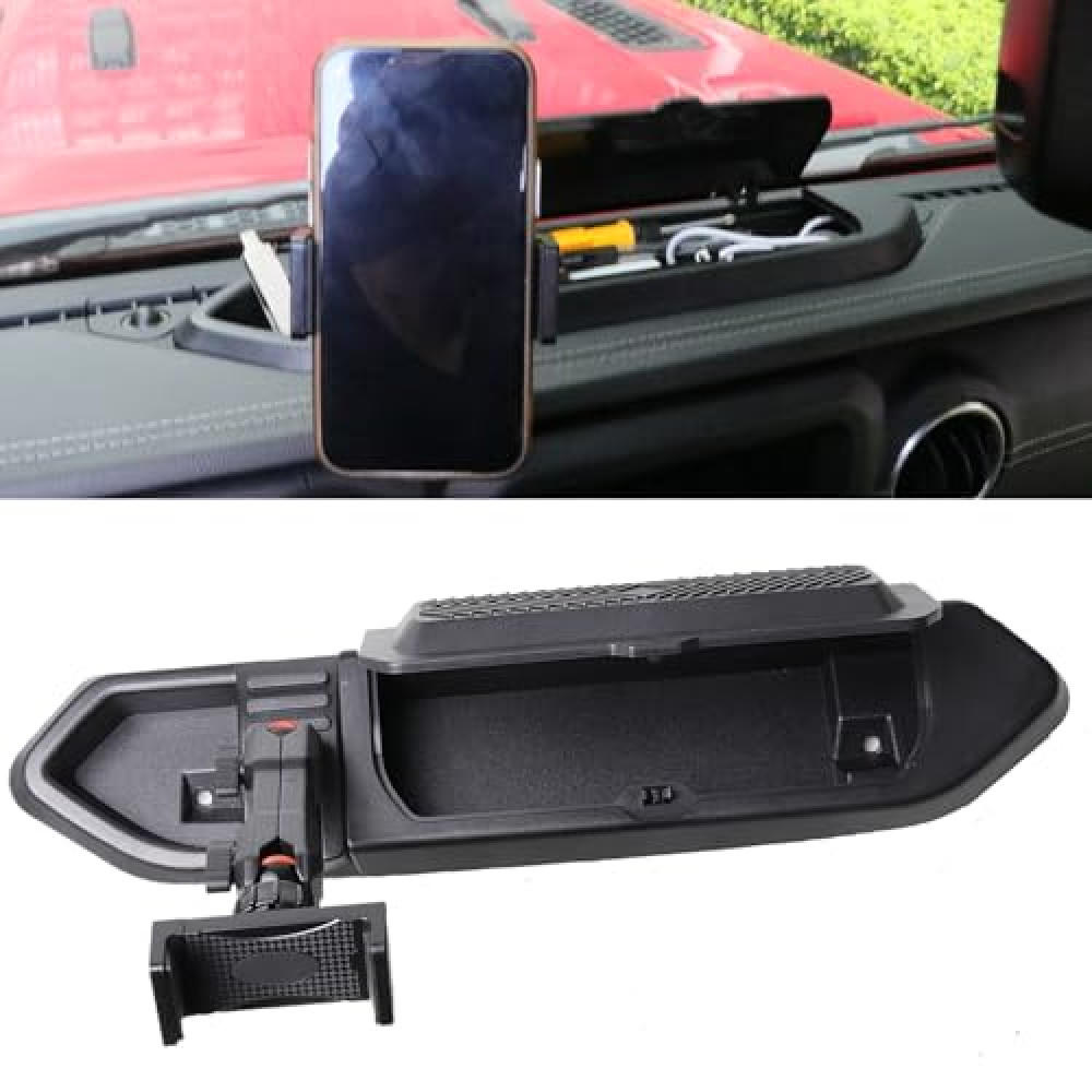 Upgraded Dash Mount Cell Phone Holder Compatible with 2018-2023 Jeep Wrangler JL & Gladiator JT，Multi-Mount Phone Holder Dash Storage Tray Kit with Cover Compatible with iPhone Android Smartphone