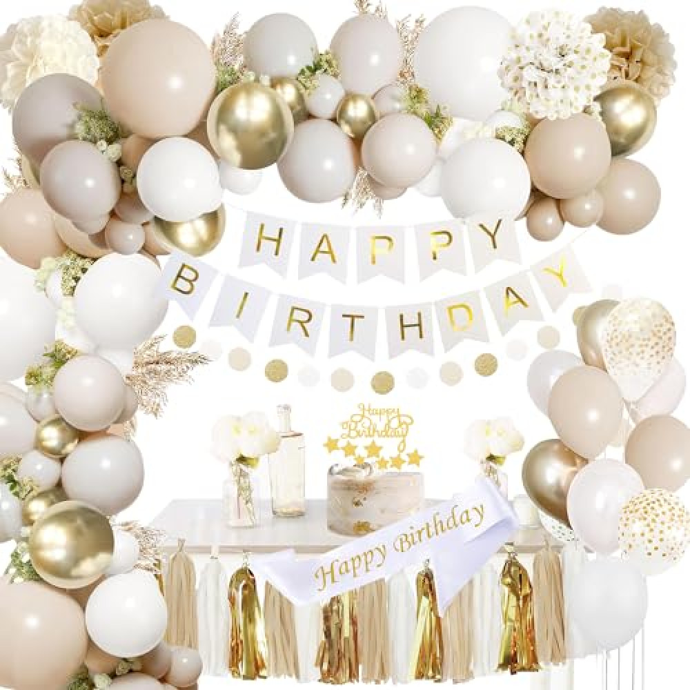 Upgraded Gold White Birthday Party Decorations for Girls Women Men with Happy Birthday Sash,Banner,Tissue Pompoms,Circle Dots Garland,Paper Tassels Garland, cake topper for Her Birthday Decor