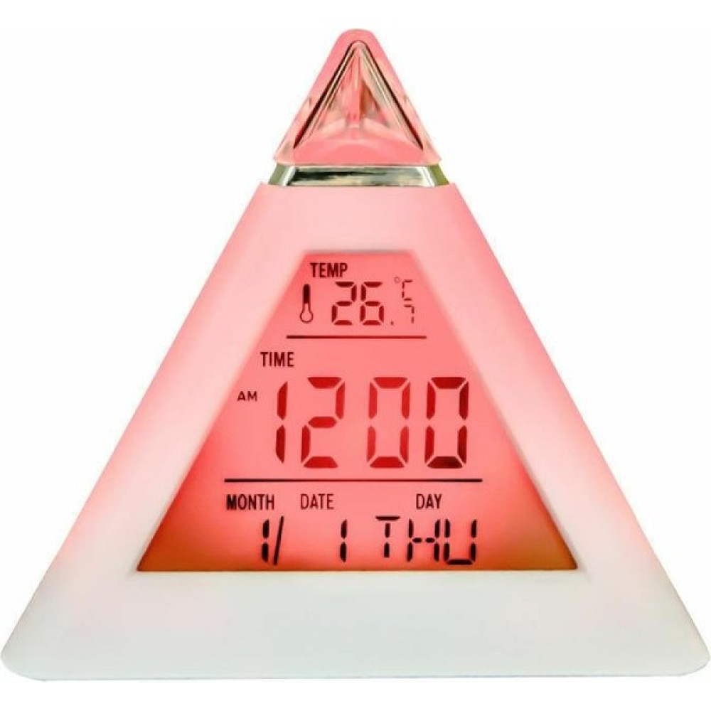 Upway 7 Renkli Piramit Şekilli Dijital LED Çalar Saat Alarm Termometre Masa Saati - Beyaz - 10 x 10 x 10 cm Masa Saati Fiyatı