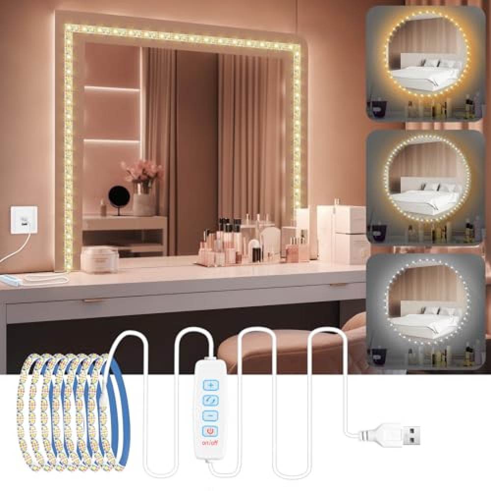 URAQT LED Mirror Light, Dimmable LED Mirror Lights, Dressing Table Light, Makeup Light, Makeup Lamp, Mirror Lamp for Cosmetic Mirror, Dressing Table Ligh, 3 Colours and 9 Dimming Levels, 2 m