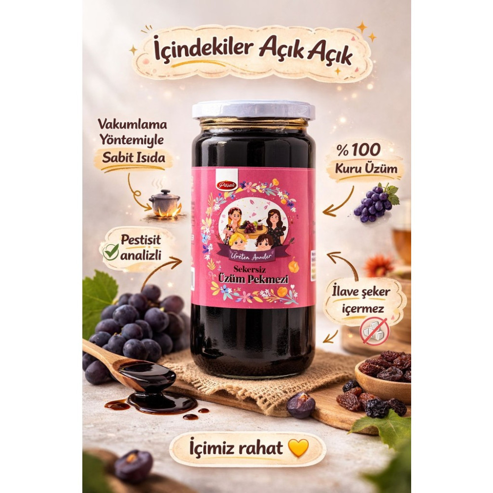 Üreten Anneler 500 ml Şekersiz Üzüm Pekmezi (PESTİSİT ANALİZLİ - KORUYUCU İCERMEZ ) Tahin Pekmez ve Helva Fiyatı