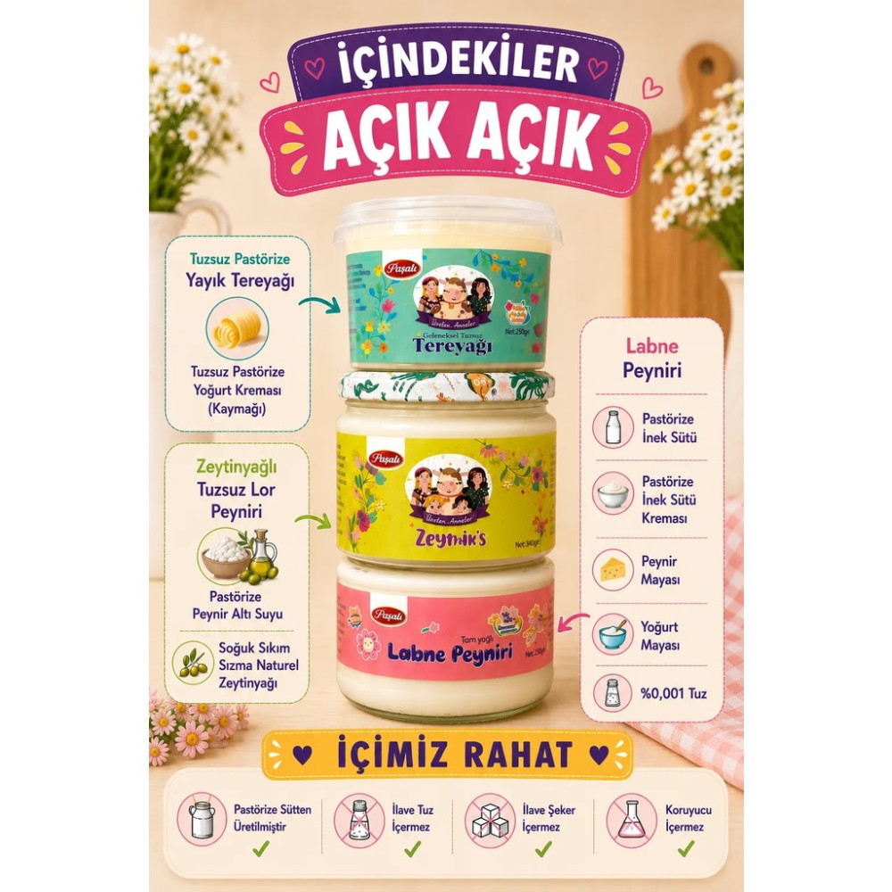 Üreten Anneler Labne 300 gr + Zeytinyağlı Tuzsuz Lor Peyniri 315 gr +Tuzsuz Tereyağ 250 gr - 750 gr Peynir Fiyatı