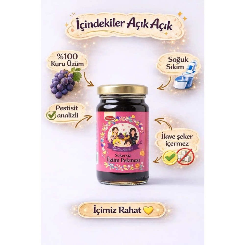 Üreten Anneler Şekersiz Üzüm Pekmezi (Pestisit Analizli ) 250 ml Tahin Pekmez ve Helva Fiyatı