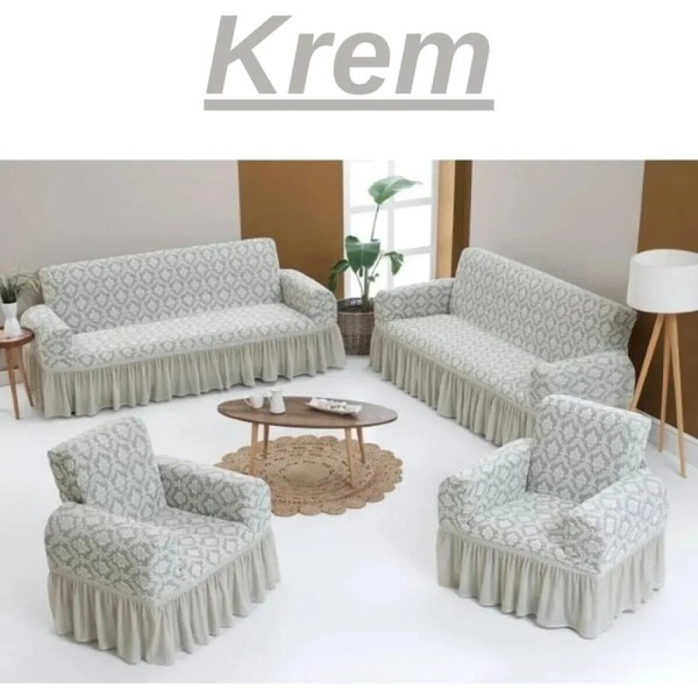 Urumçi Jakarlı 3+3+1+1 Koltuk Takımı Örtüsü. Lastikli, Esnek, Yıkanabilir Koltuk, Kanepe, Çekyat Kılıfı - 180 x 230 cm - Krem Koltuk & Kanepe Örtüsü Fiyatı
