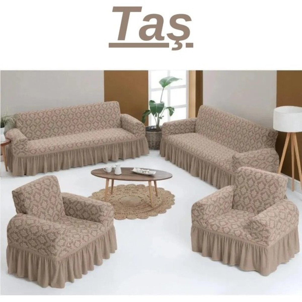 Urumçi Jakarlı 3+3+1+1 Koltuk Takımı Örtüsü. Lastikli, Esnek, Yıkanabilir Koltuk, Kanepe, Çekyat Kılıfı - 180 x 230 cm - Taş Rengi Koltuk & Kanepe Örtüsü Fiyatı