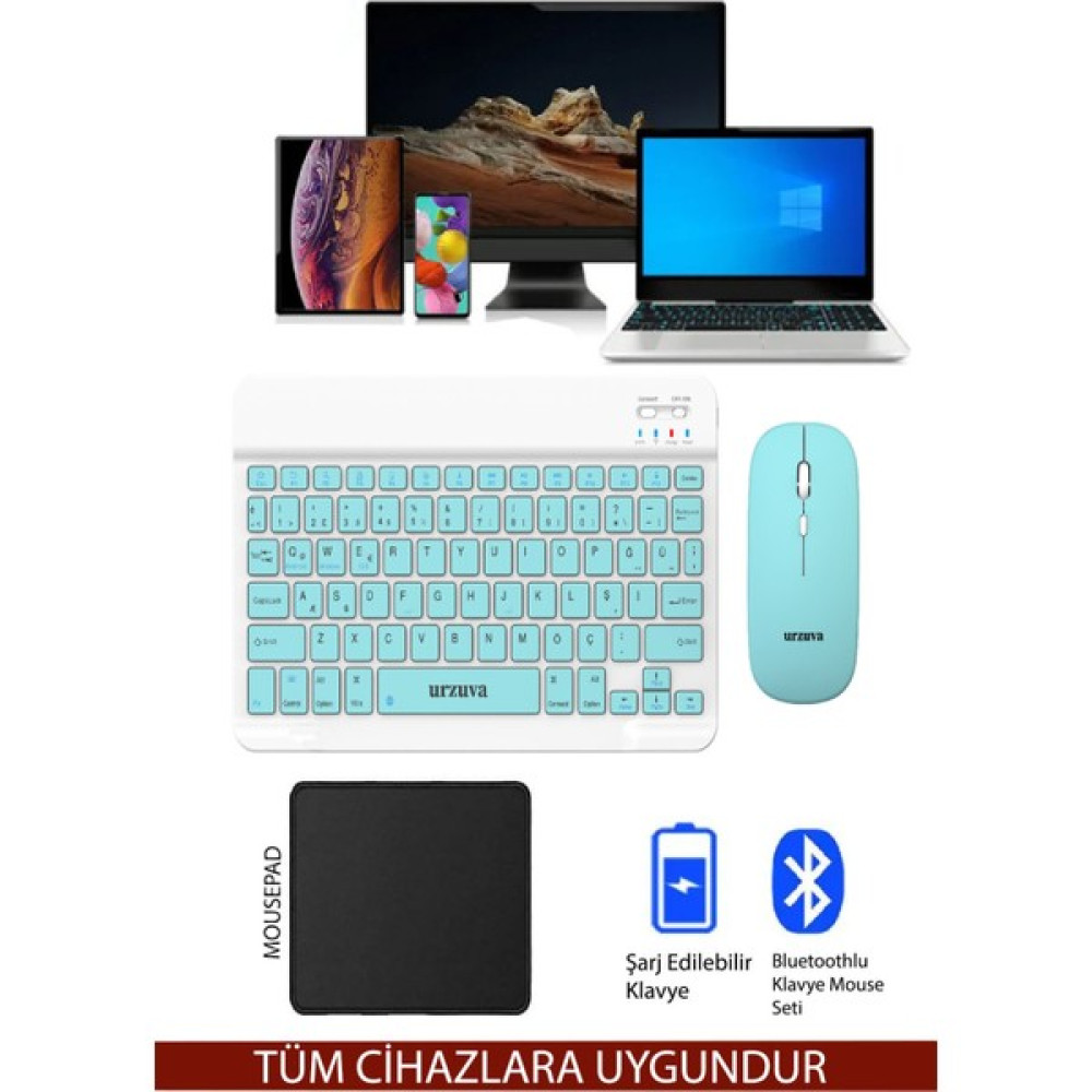 Urzuva MK-23 Tüm Cihazlara Uyumlu Bluetooth Kablosuz Klavye Set Mouse Mousepadli Android Tablet Telefon - Açık Mavi Klavye - Mouse Fiyatı