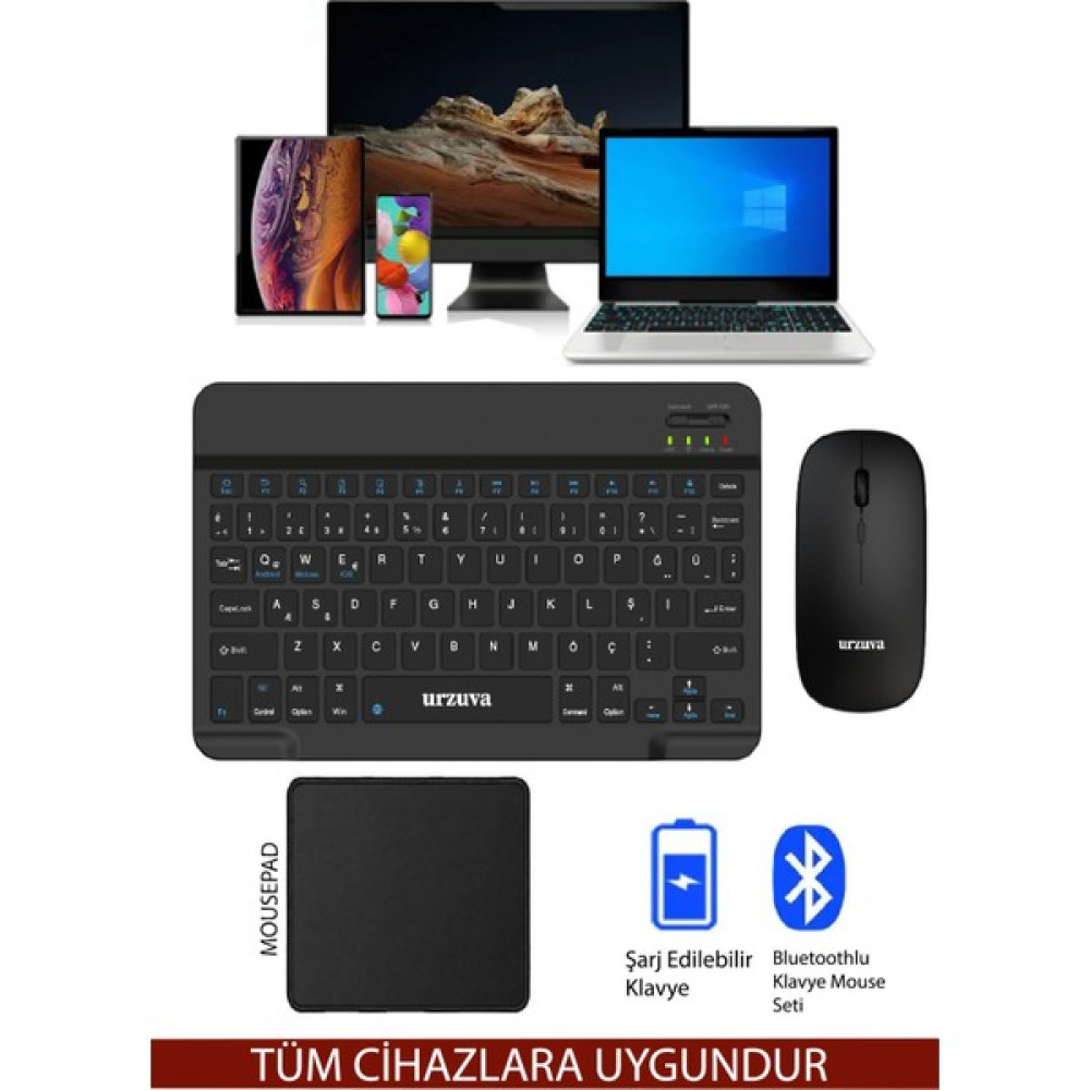Urzuva MK-23 Tüm Cihazlara Uyumlu Bluetooth Kablosuz Klavye Set Mouse Mousepadli Android Tablet Telefon - Siyah Klavye - Mouse Fiyatı