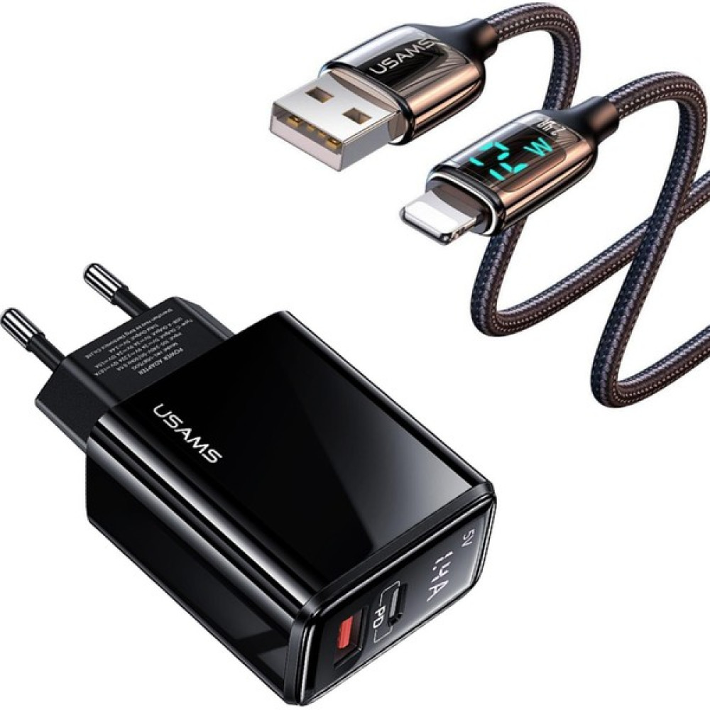 Usams US-CC133 20W Şarj Başlığı + US-SJ543 12W Lightning, Çipli, Apple Hızlı Şarj Kiti - Siyah Cep Telefonu Şarj Cihazı Fiyatı