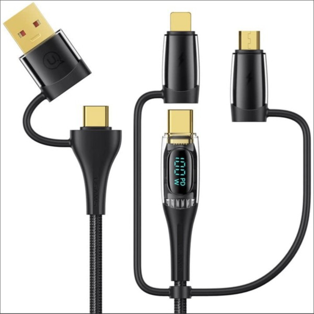 Usams US-SJ616 Type-C+Lightning+Microusb,6in1 LCD Göstergeli PD100W Hızlı Şarj ve Data Kablosu-Siyah - Siyah Cep Telefonu Şarj Cihazı Fiyatı