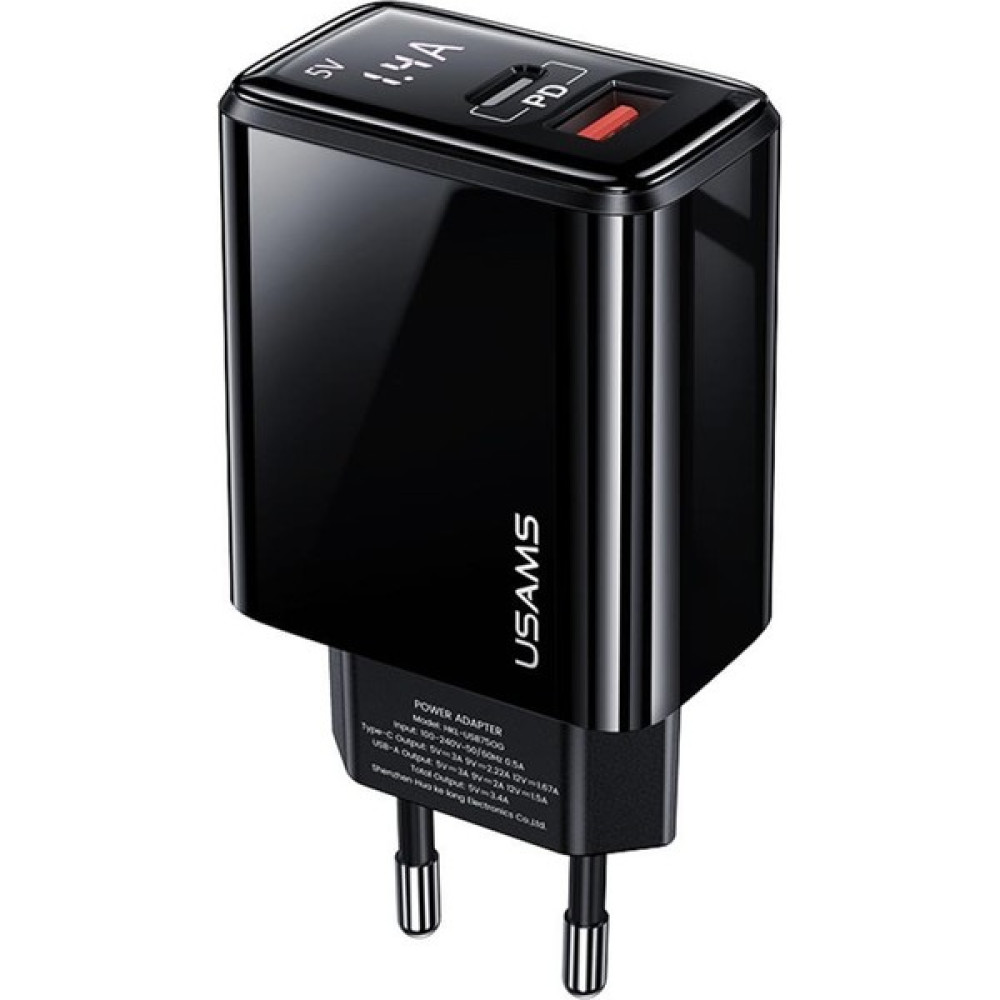 USAMS Usams US-CC133 T40 20W Qc3.0+Pd Type-C+Usb Dijital Göstergeli Hızlı Şarj Başlığı - Siyah Cep Telefonu Şarj Cihazı Fiyatı