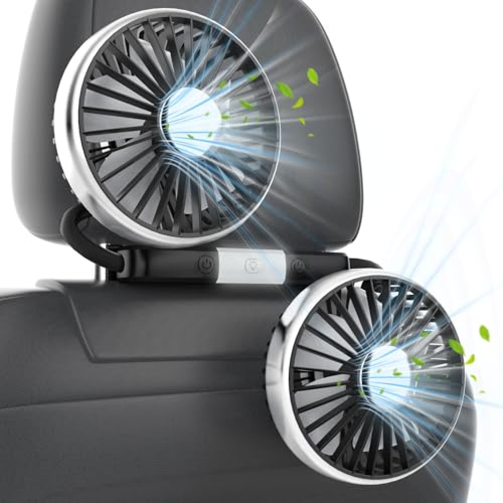 USB Car Fan for Backseat: Dual Rear Seat Fans for Kids Independently Controlled Heads and 2 LED Lights 360° Rotatable Cooling Air Conditioner 3 Speeds Headrest Auto Cooler for Sedan SUV Truck Van Ventilation Fan Fiyatı