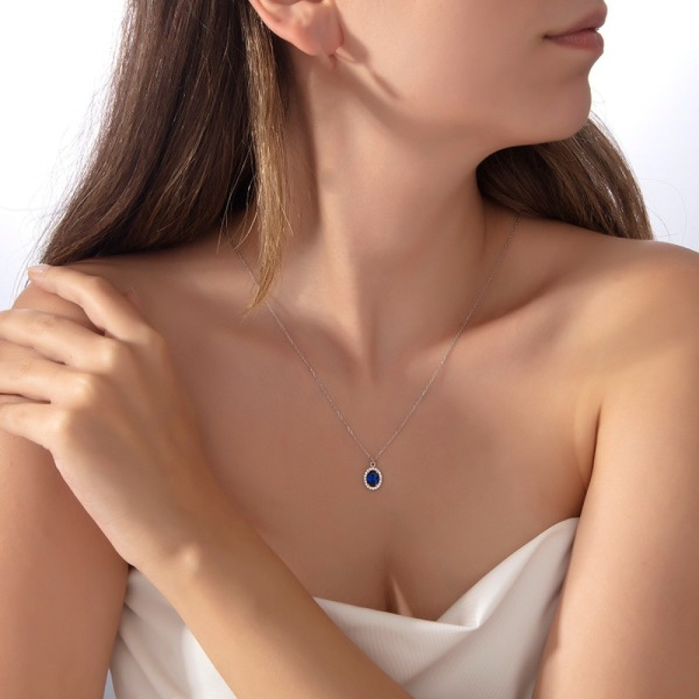 Usho Jewelry 925 Ayar Gümüş Oval Pırlanta Modeli Kolye - Lacivert - 40+5 cm Gümüş Kolye Fiyatı