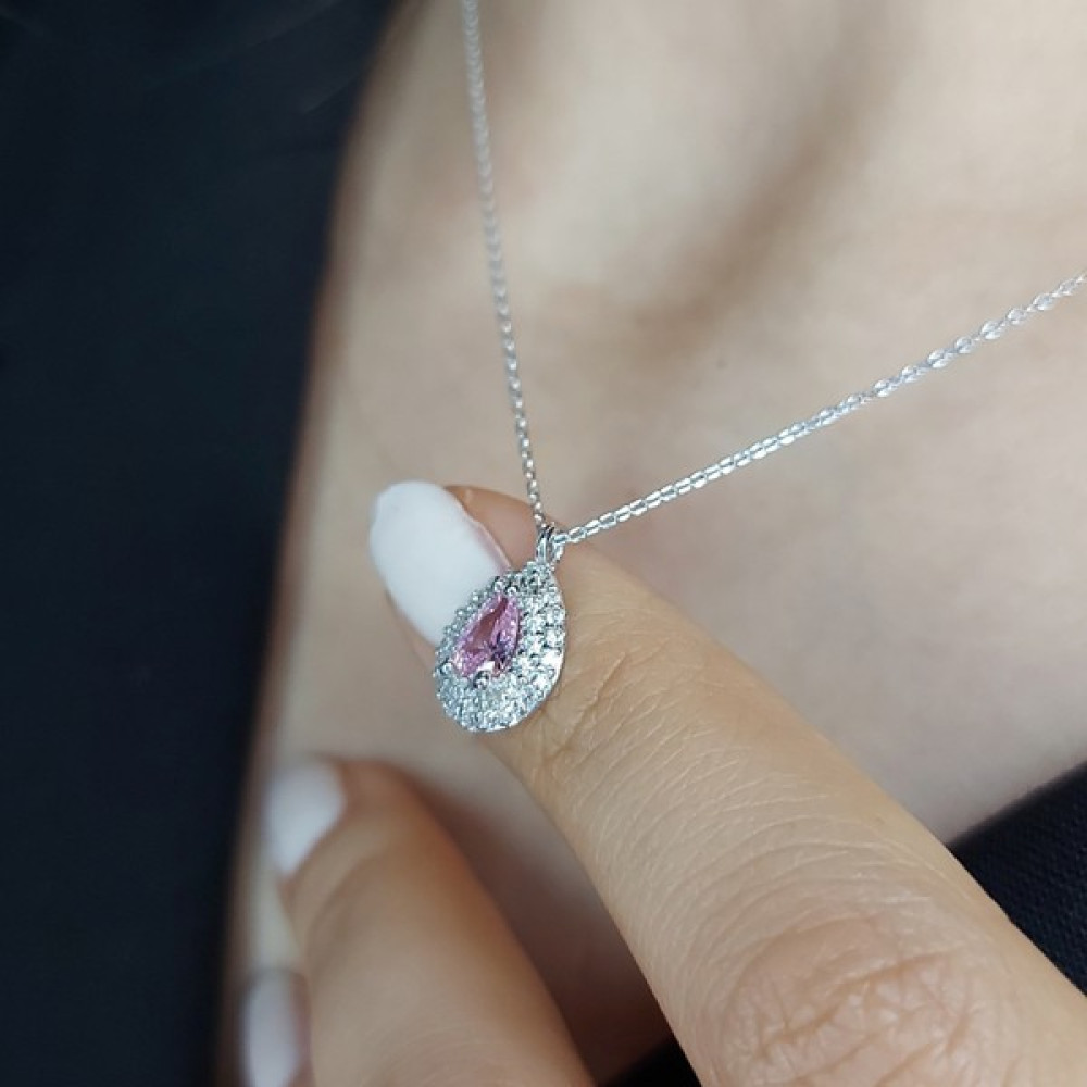Usho Jewelry 925 Ayar Gümüş Pırlanta Görünümlü Damla Şık Kolye - Pembe - Tek Ebat Gümüş Kolye Fiyatı