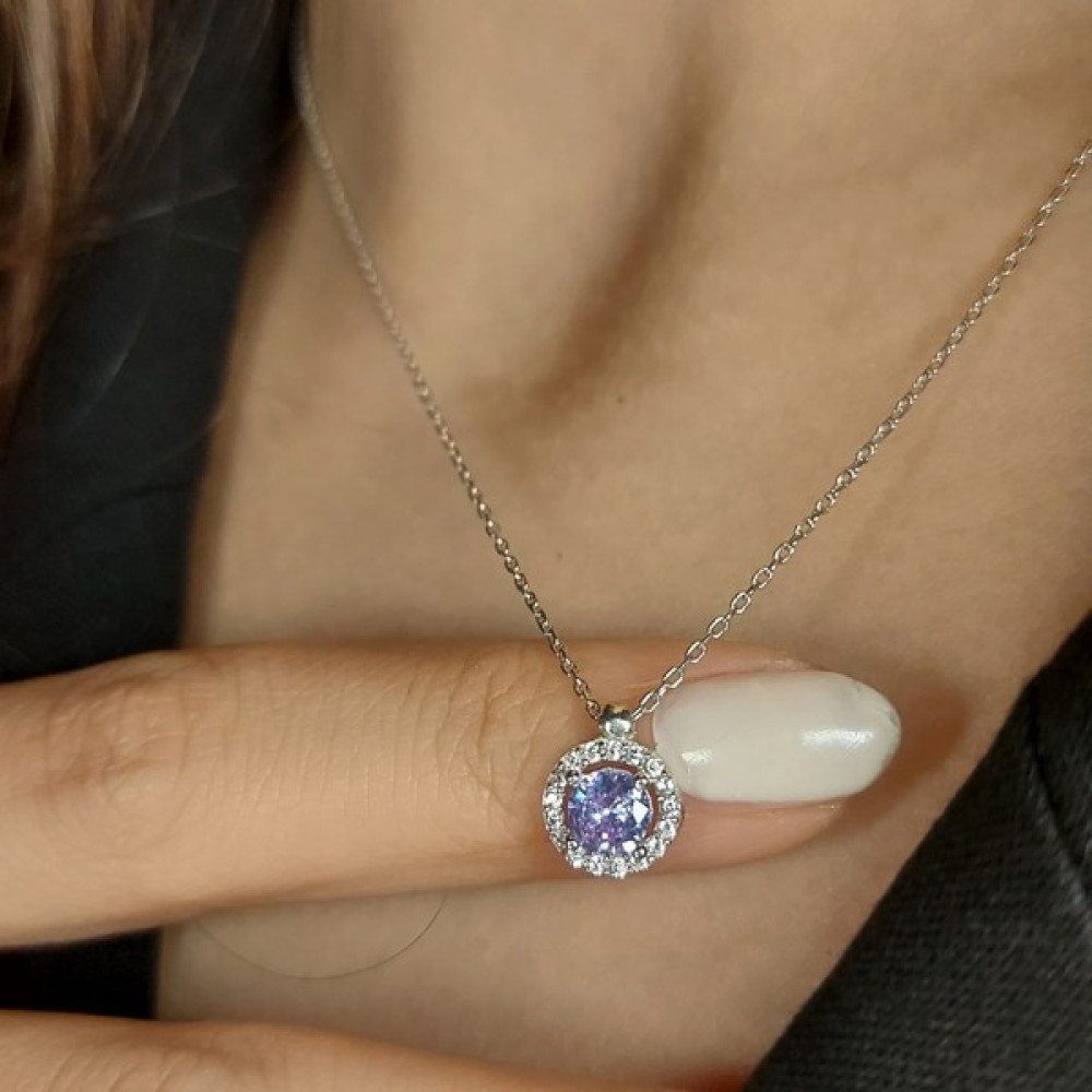 Usho Jewelry 925 Ayar Gümüş Pırlanta Görünümlü Yuvarlak Şık Kolye - Lila - Tek Ebat Gümüş Kolye Fiyatı