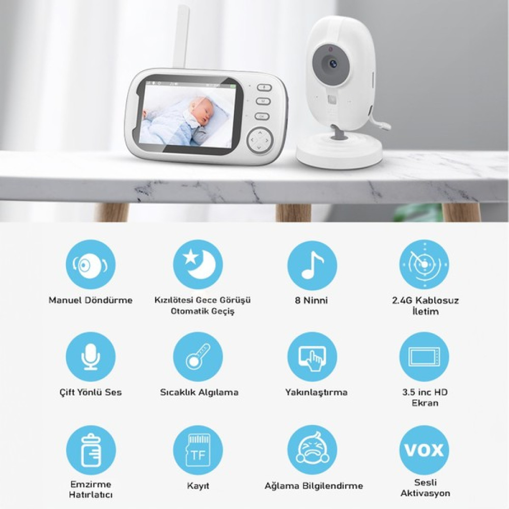 Üsküdar Iletişim Gece Görüş Müzik Odası 8 Ninili Sıcaklık Algılama Çocuk Ağlama Uyarılı 3.5inç Hd Ekran 2.4g Bebek Izleme Monitörü Bebek Kamerası Fiyatı
