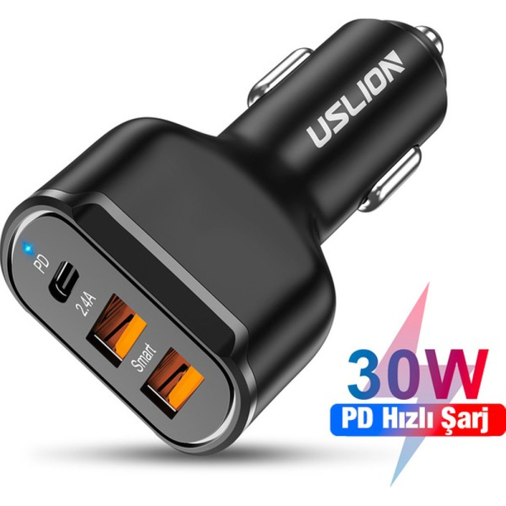 Uslion 30W 2 USB + Type-C Girişli Qc3.0 Hızlı Araç Çakmaklık Şarjı - Siyah Bilgisayar Çevirici ve Adaptörü Fiyatı