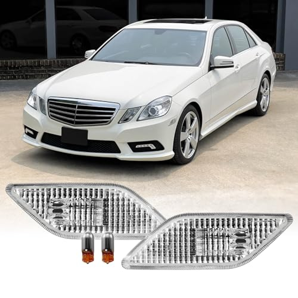 USR 10-13 W212 Clear Bumper Side Marker Set (Left + Right) with x2 Chrome Amber Bulb UPGRADE - Compatible with 2010-2013 Mercedes Benz E Class 4/5 Door Sedan & Wagon (EURO CLEAR LENS w/STEALTH BULBS)