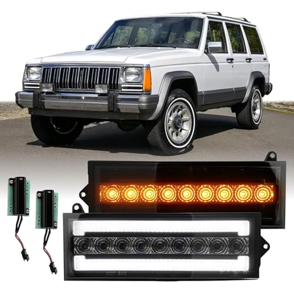 USR 84-96 XJ SUV Turn Signal Light – Front Signal Lamps (Left + Right) Pair - Compatible with 1984-1996 Jeep Cherokee / 1986-1992 Comanche All Models (SMOKE LENS w/LED AMBER-WHITE DRL SWITCHBACK)