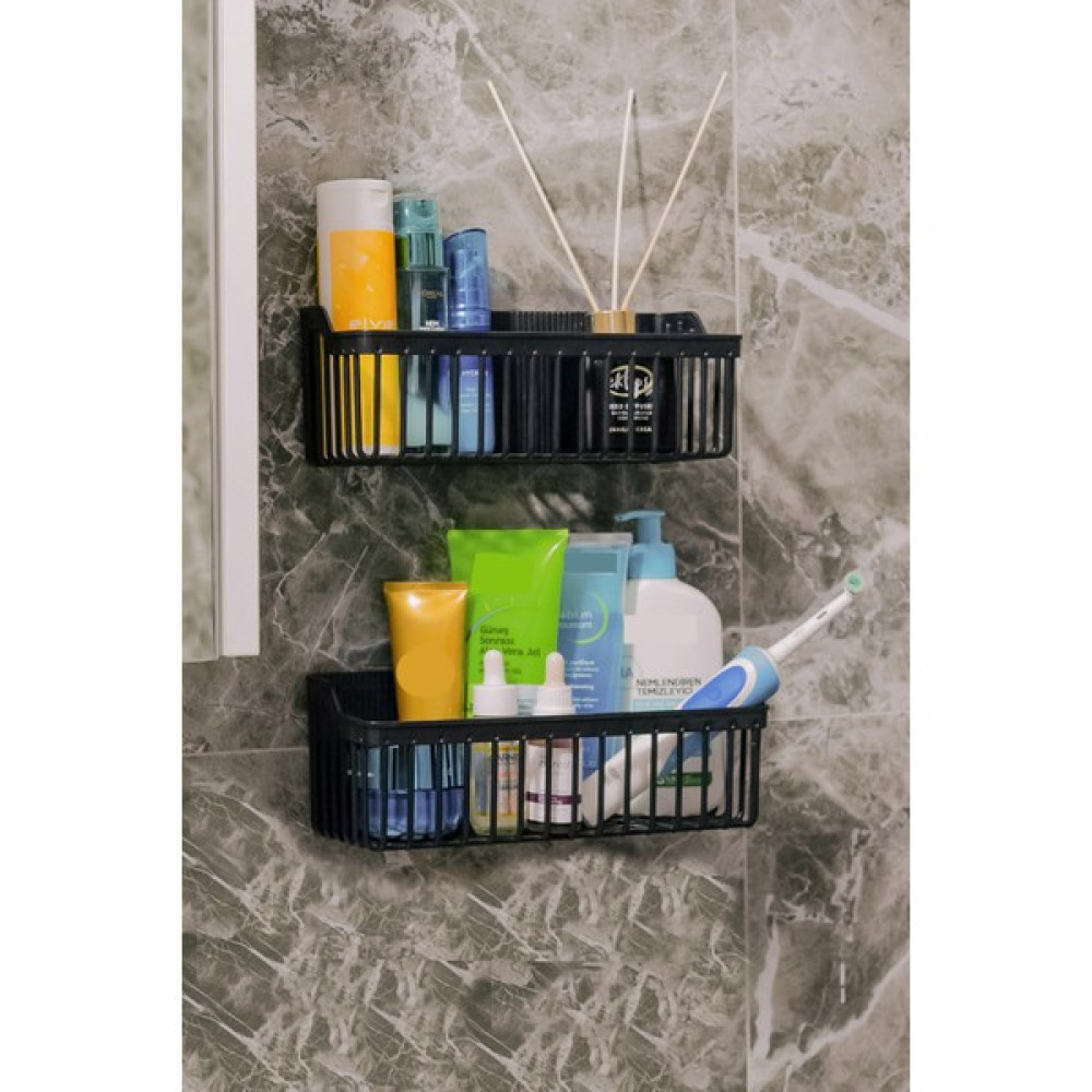 Üst Düzey Home Siyah Yapışkanlı Banyo Rafı, 2'li Banyo Düzenleyici, Duş Şampuanlık, Duşakabin Rafı, Banyo Duş Organizeri Siyah, Plastik Banyo Rafı Fiyatı