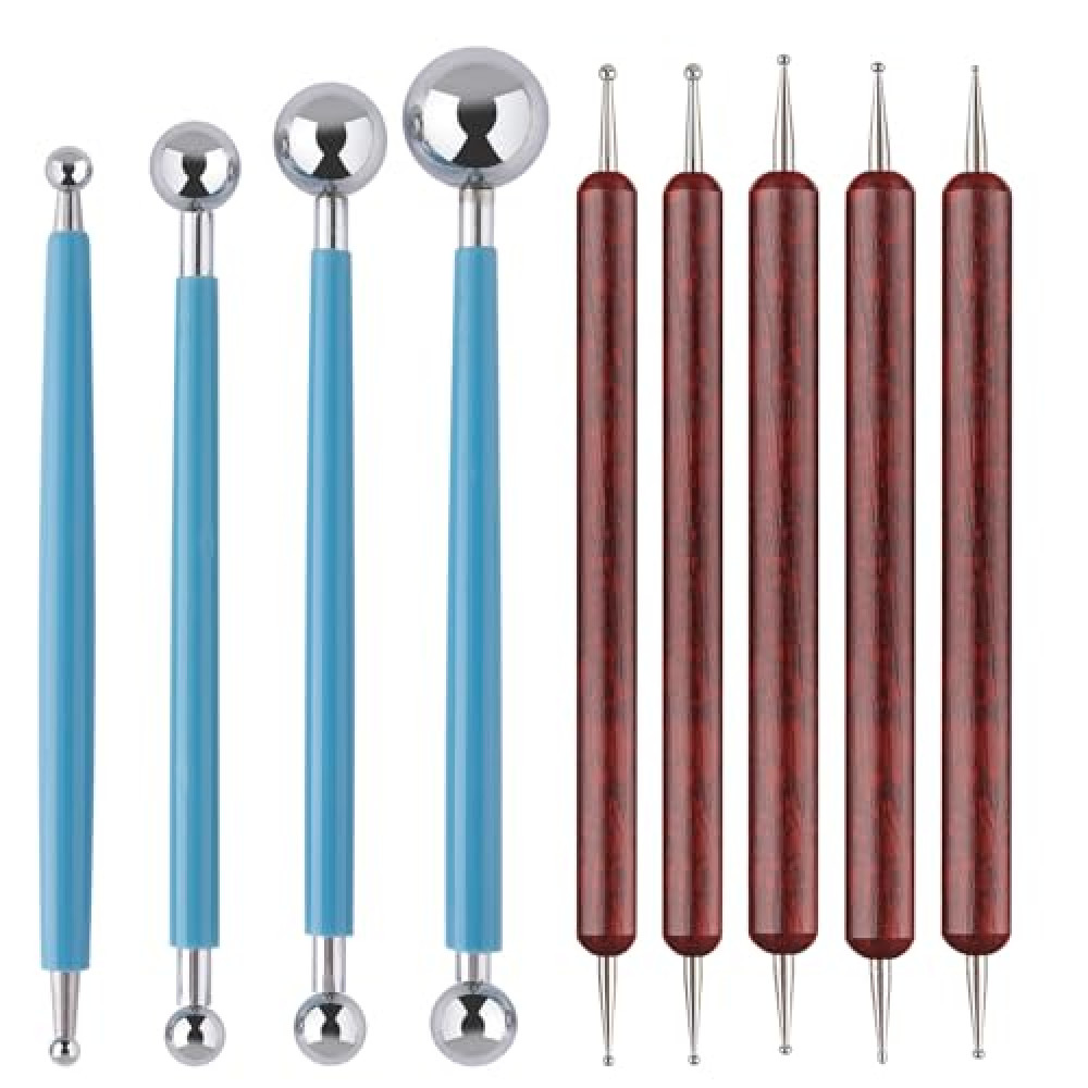 UUSYCUN 9PCS Sculpting Clay Dotting Tools, Dotting Tools for Painting Mandalas, 2-Way Ball Stylus Clay Tools for Embossing, Sculpting, Shaping, Nail Art, Polymer Clay, Pottery Crafts, Rhinestone, Rock