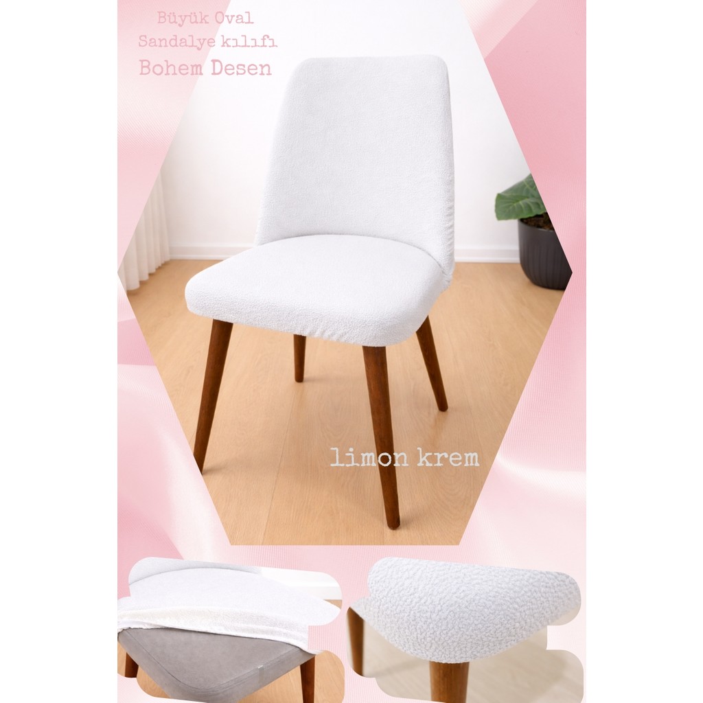 UY STYLE Bohem Büyük Oval Lastikli Sandalye Kılıf 1 Adet - 45 x 65 cm - Krem Standart Sandalye Fiyatı