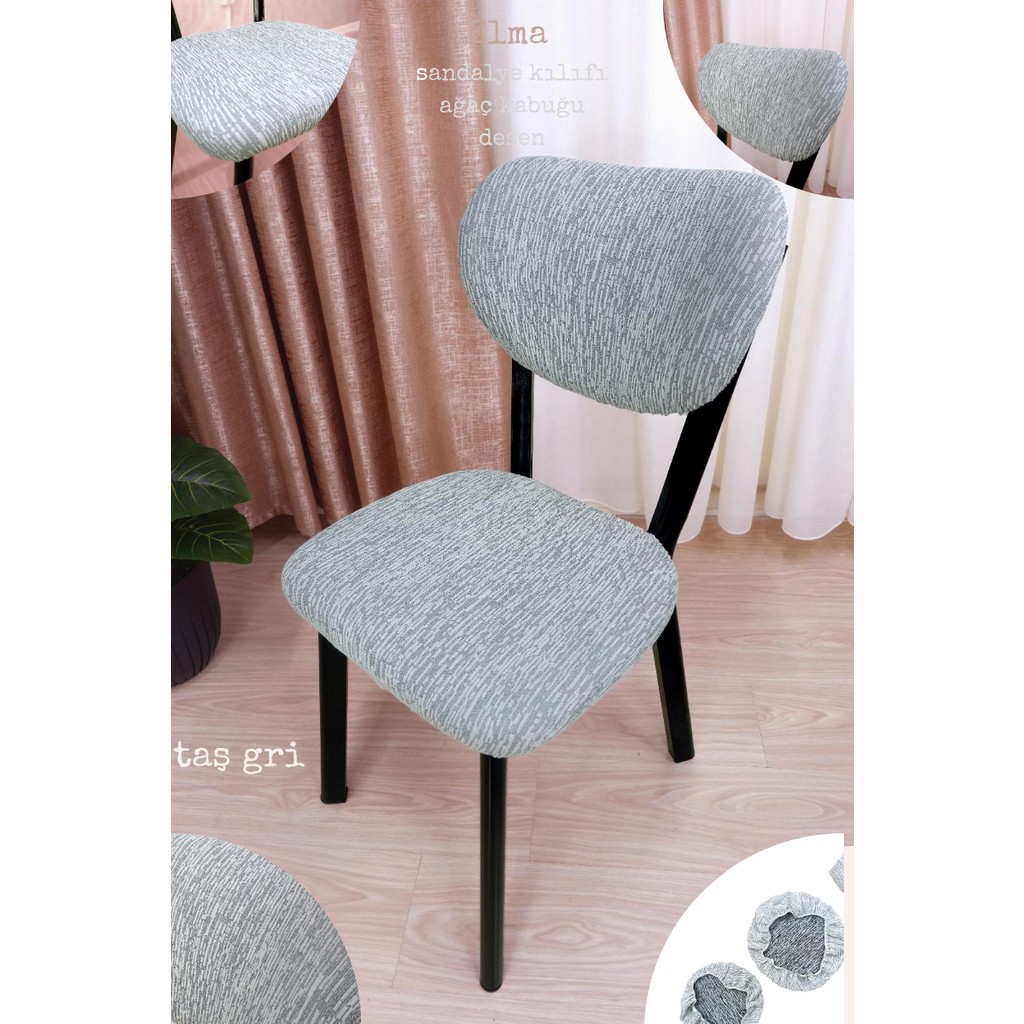 UY STYLE Jakarli Kumaş Elma Sandalye Kılıfı ,lastikli,esnekli Sandalye Örtüsü(Çubuk Desen) 1 Adet - 45 x 51 cm - Taş - Gri Standart Sandalye Fiyatı