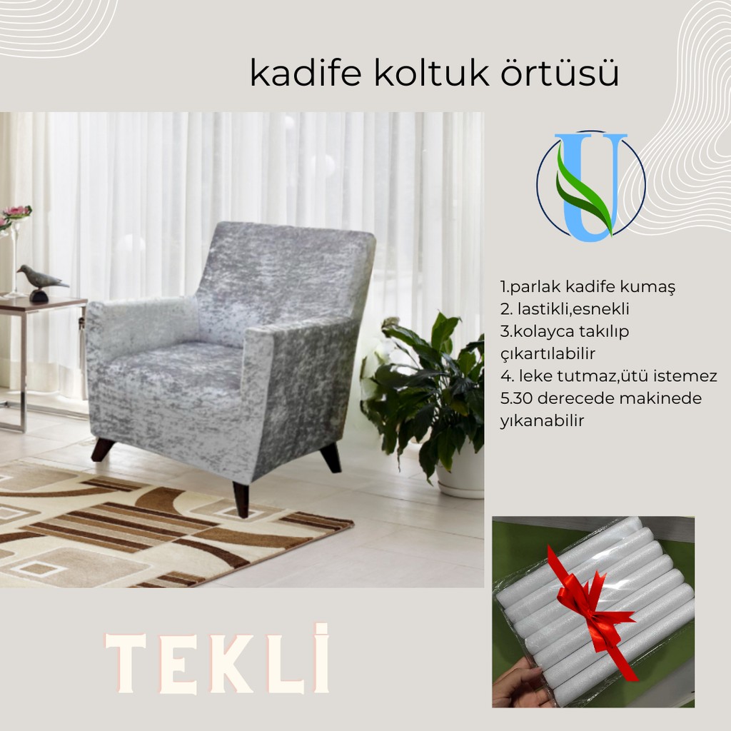 Uy Style Kadife Tek Kişilik Koltuk Örtüsü,berjer Kılıfı Lastikli - Gri - 75 x 115 cm Tekli Koltuk & Berjer Fiyatı