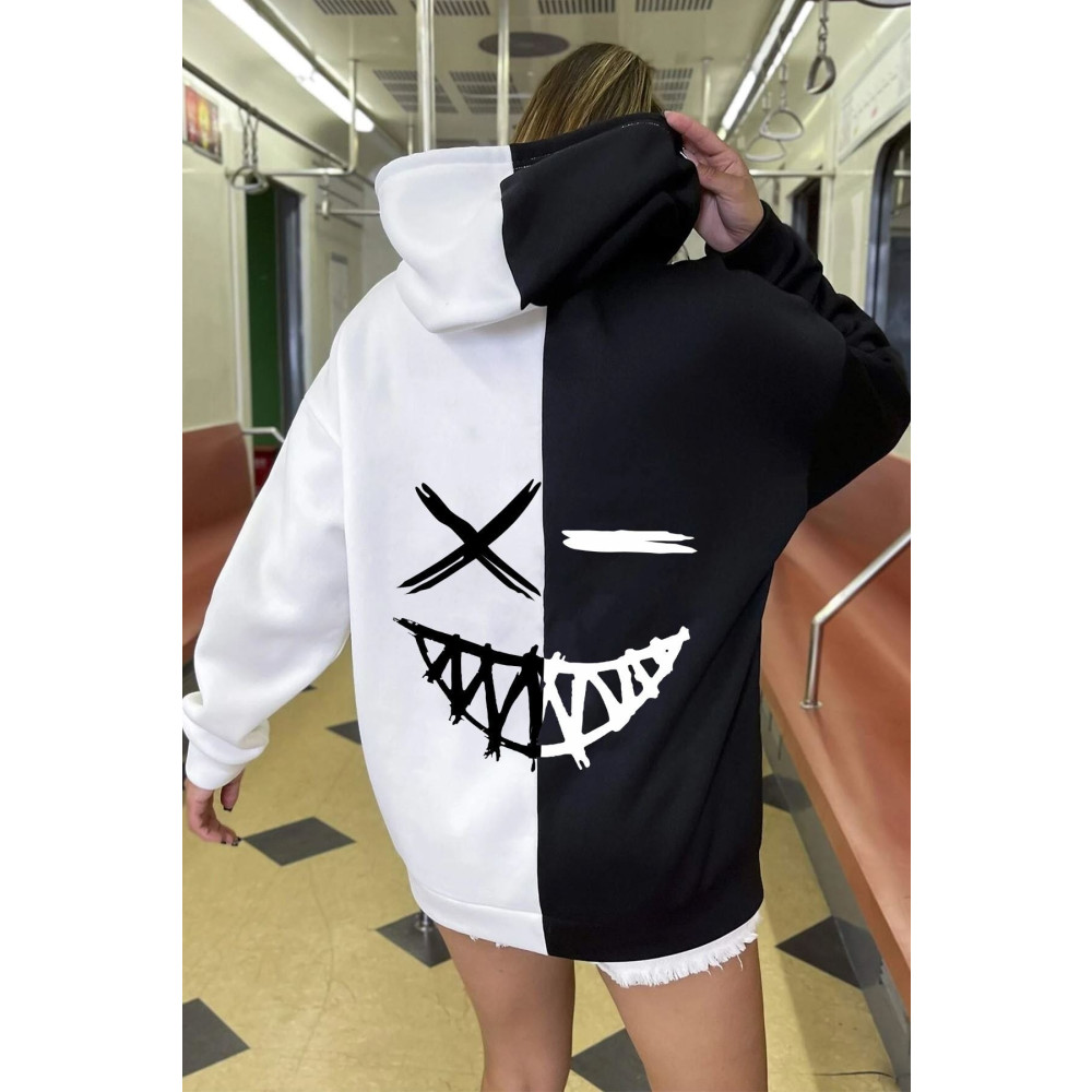 uyguntarz Unisex Cartoon Face Siyah Beyaz Hoodie L Beden Bayan Sweatshirt Fiyatı