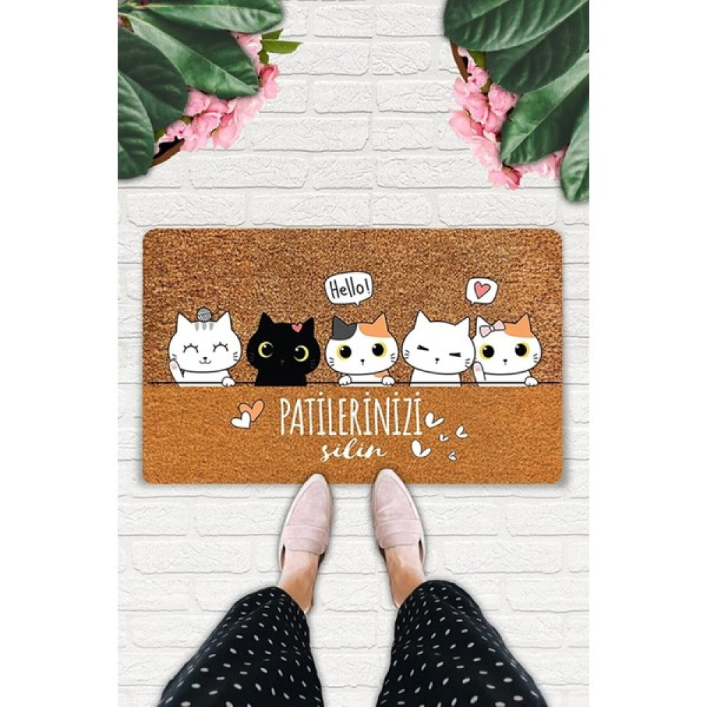 Uygur Home Cat Crew Temalı Coco Görünümlü Dekoratif Dış Kapı Önü ve Iç Mekan Paspası - 45 x 70 cm - Hardal Paspas Fiyatı