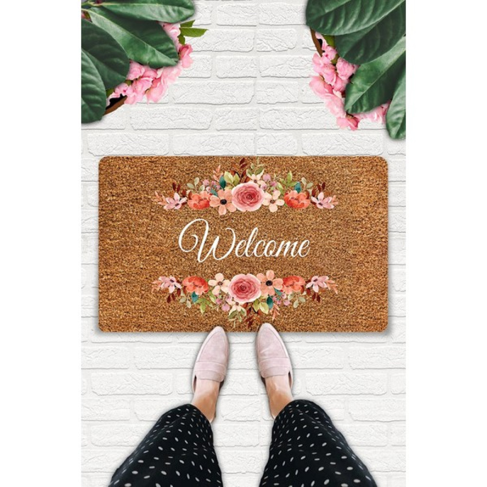 Uygur Home Çiçekli Welcome Temalı Coco Görünümlü Dekoratif Dış Kapı Önü ve Iç Mekan Paspası - 45 x 70 cm - Pembe Paspas Fiyatı