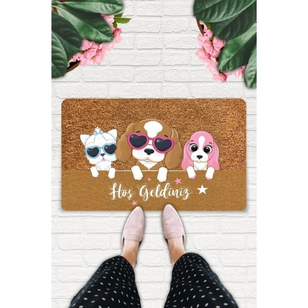 Uygur Home Cool Puppies Temalı Coco Görünümlü Dekoratif Dış Kapı Önü ve Iç Mekan Paspası - 45 x 70 cm - Pembe - Turuncu Paspas Fiyatı