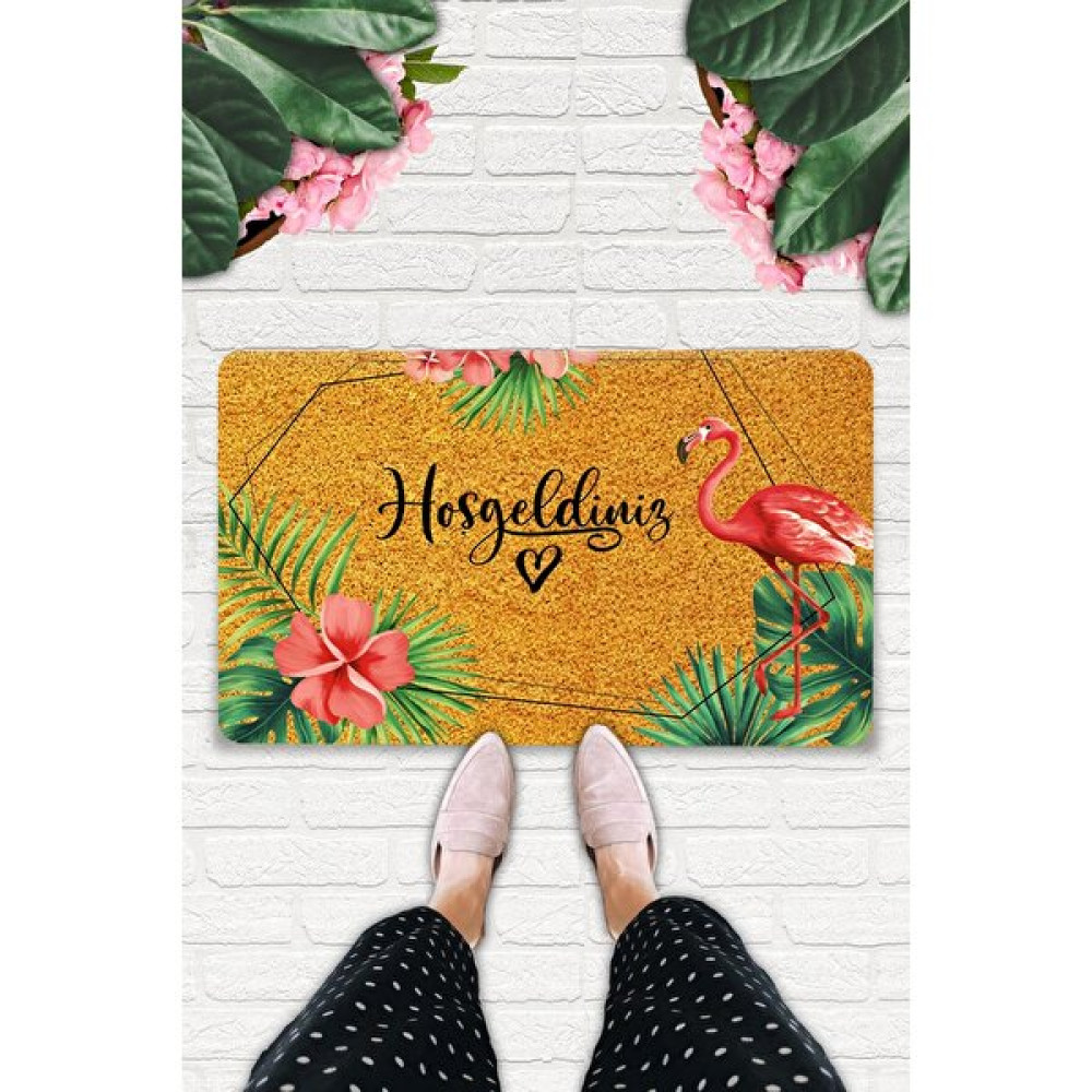 Uygur Home Hoşgeldiniz Flamingo Temalı Coco Görünümlü Dekoratif Dış Kapı Önü ve Iç Mekan Paspası - 45 x 70 cm - Pembe - Yeşil Paspas Fiyatı