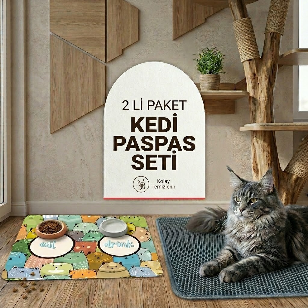Uygur Home İkili Set Kedi Tuvalet Önü ve Kedi Köpek Mama Paspası (Renkli) (Ikili Olarak Satılmaktadır.) - Siyah - Sarı - 45 x 60 cm Araca Özel Paspaslar Fiyatı