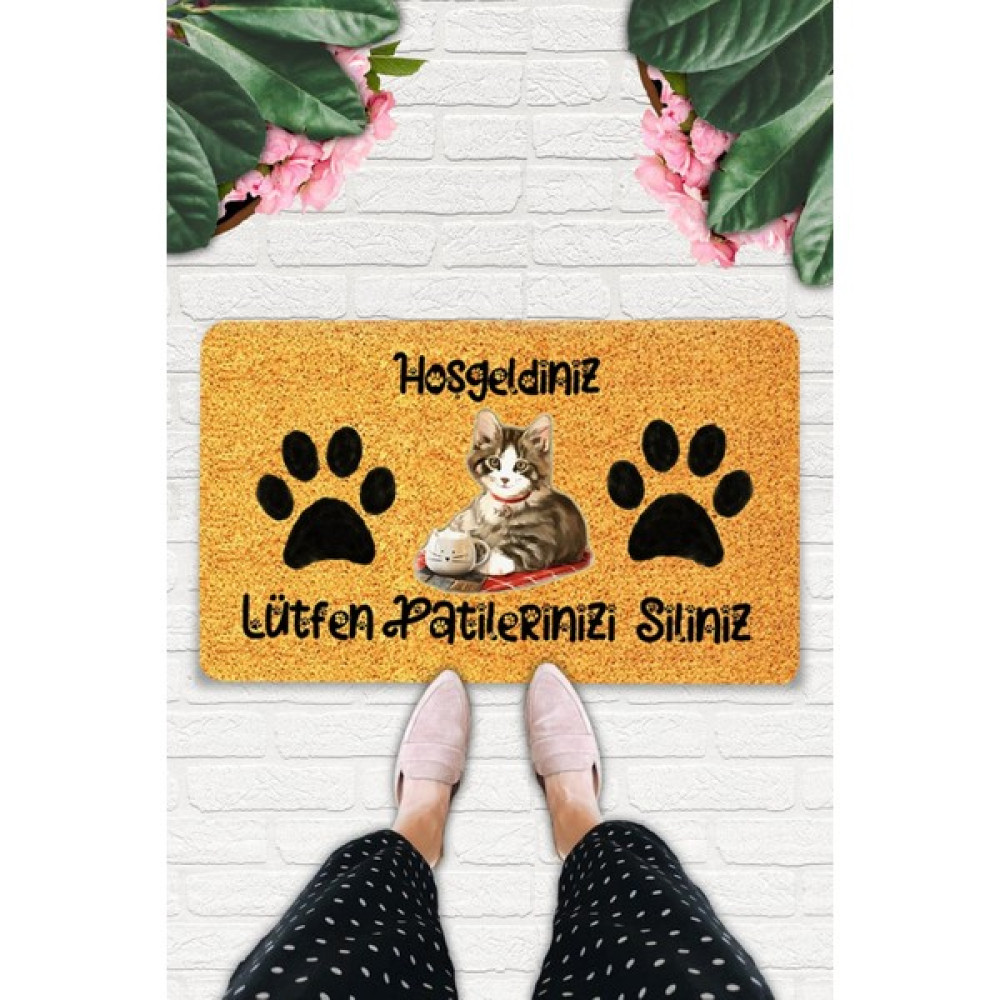 Uygur Home Kedili Patiler Silinsin Temalı Dış Kapı Önü ve İç Mekan Paspası - 45 x 70 cm - Kiremit Paspas Fiyatı