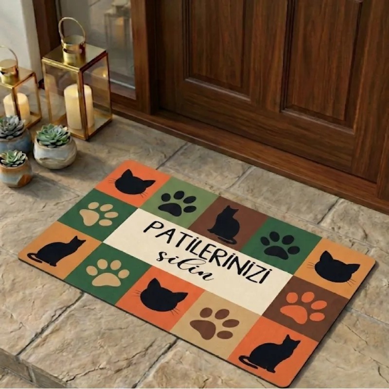 Uygur Home Pop-Art Kedi Tasarımlı Kahverengi "patilerinizi Silin" Paspas - Dijital Baskılı Taban Kapı Önü Paspası - Turuncu - Kahverengi - 45 x 70 cm Evcil Hayvan Ürünleri Fiyatı