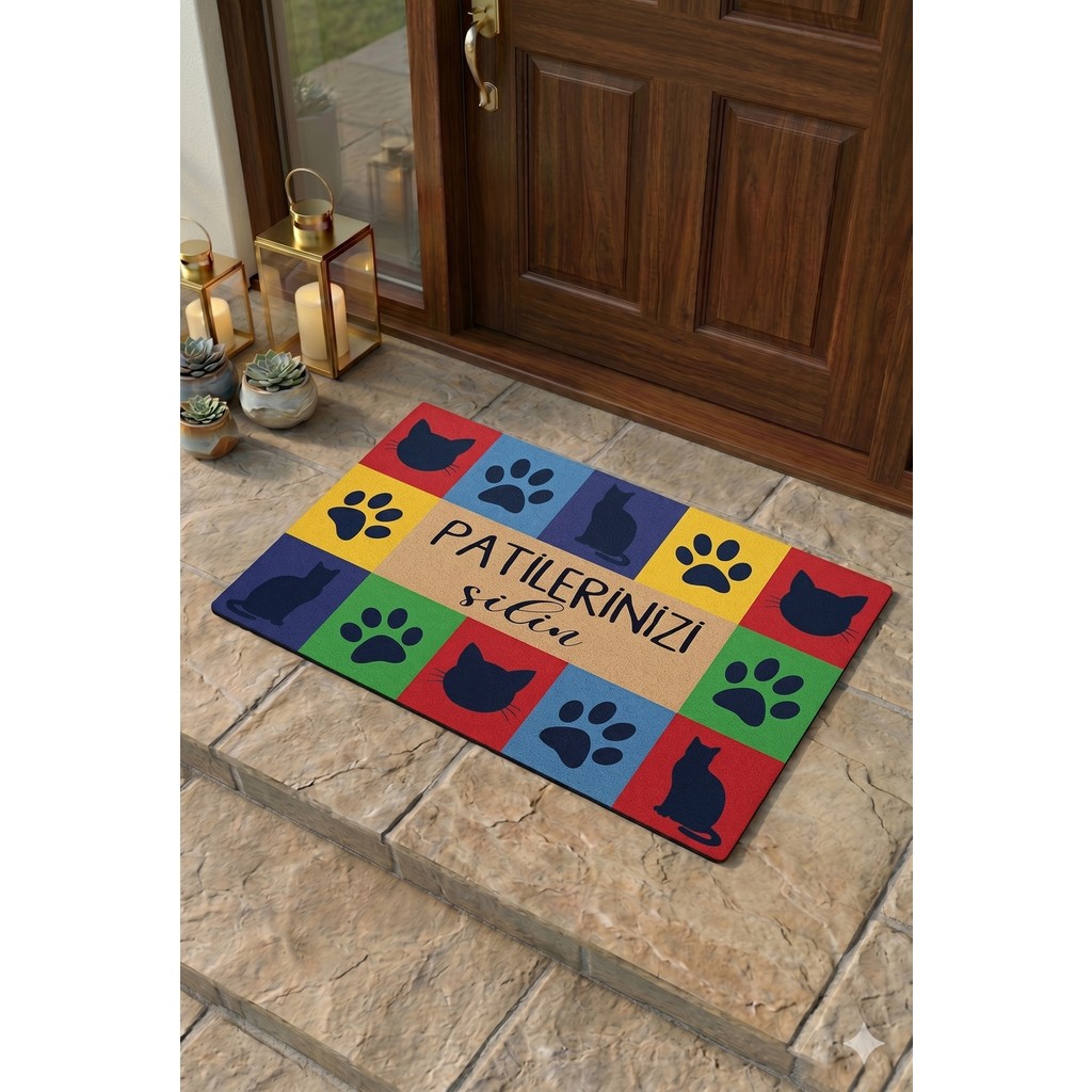 Uygur Home Pop-Art Kedi Tasarımlı "patilerinizi Silin" Temalı Paspas - Dijital Baskılı Taban Kapı Önü Paspası - Mavi - Kırmızı - 45 x 70 cm Evcil Hayvan Ürünleri Fiyatı