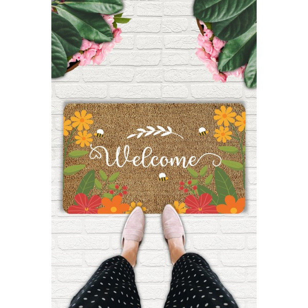 Uygur Home Rosin Bee Temalı Coco Görünümlü Dekoratif Dış Kapı Önü ve Iç Mekan Paspası - 45 x 70 cm - Turuncu Paspas Fiyatı
