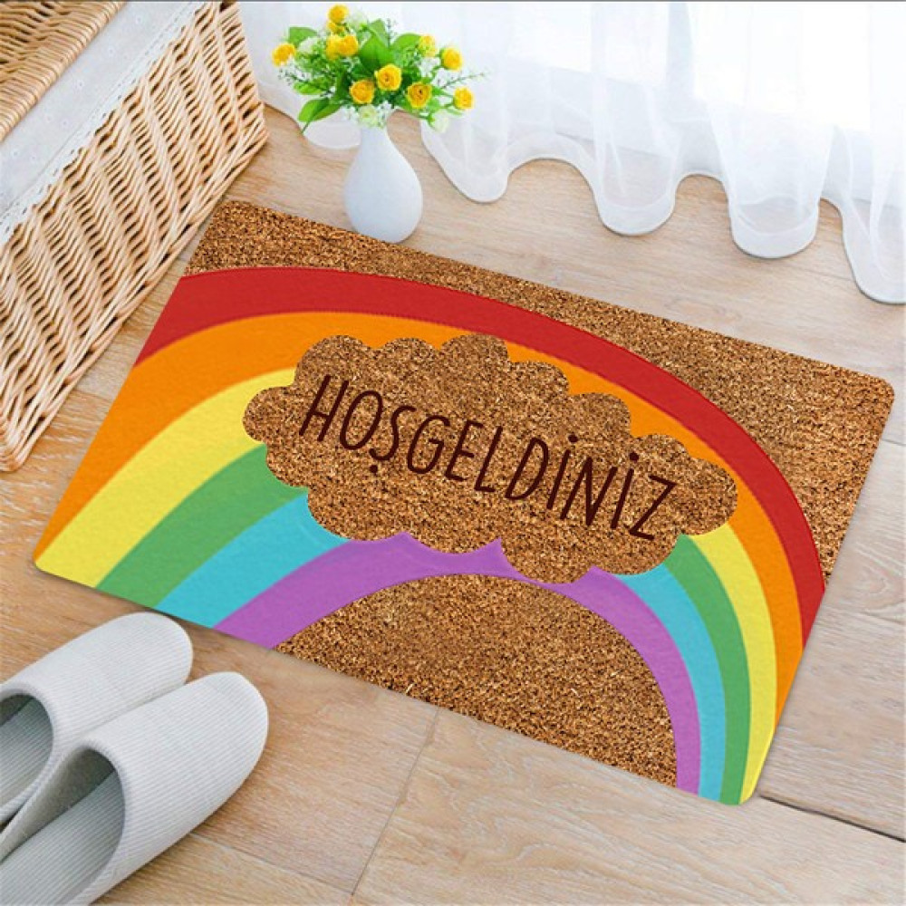 Uygur Home Welcome Gökkuşağı Temalı Coco Görünümlü Dekoratif Kapı Önü ve İç Mekan Paspası - 45 x 70 cm - Renkli Paspas Fiyatı
