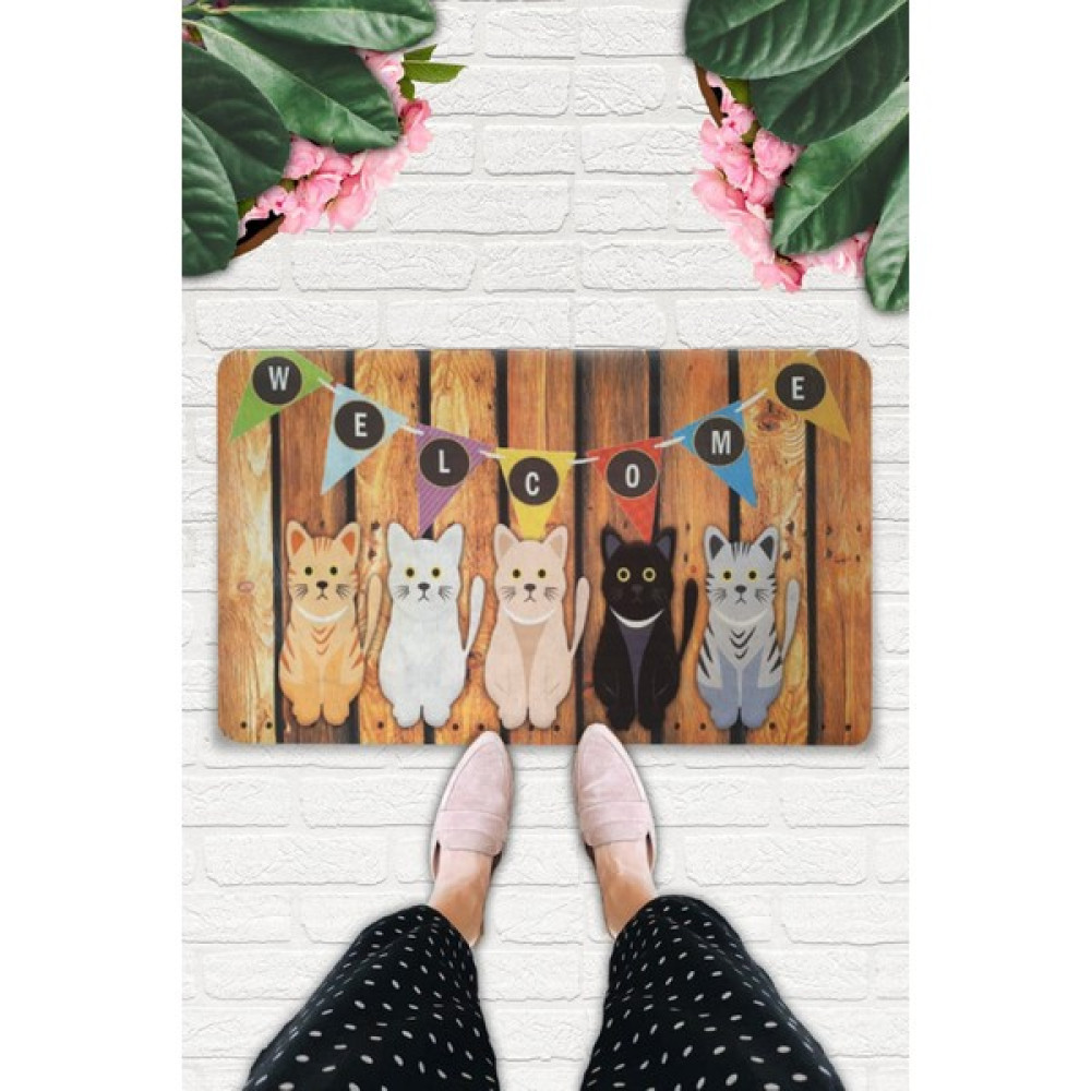 Uygur Home Welcome Temalı Kedili Dekoratif Dış Kapı Önü ve Iç Mekan Paspası - 45 x 70 cm - Cappucino Paspas Fiyatı