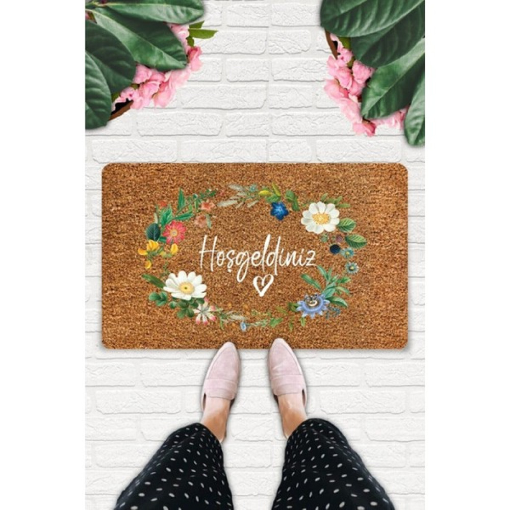 Uygur Home Wreath Flowers Temalı Coco Görünümlü Dekoratif Dış Kapı Önü ve Iç Mekan Paspası - 45 x 70 cm - Yeşil - Krem Paspas Fiyatı