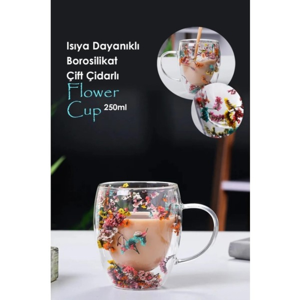 Uyka Ticaret Isıya Dayanıklı Borosilikat Çift Çidarlı Flower Cup Çiçekli Bardak | Çiçekli Kahve Sunum Bardağı - Renkli Fincan / Bardak / Kahve Takımı Fiyatı