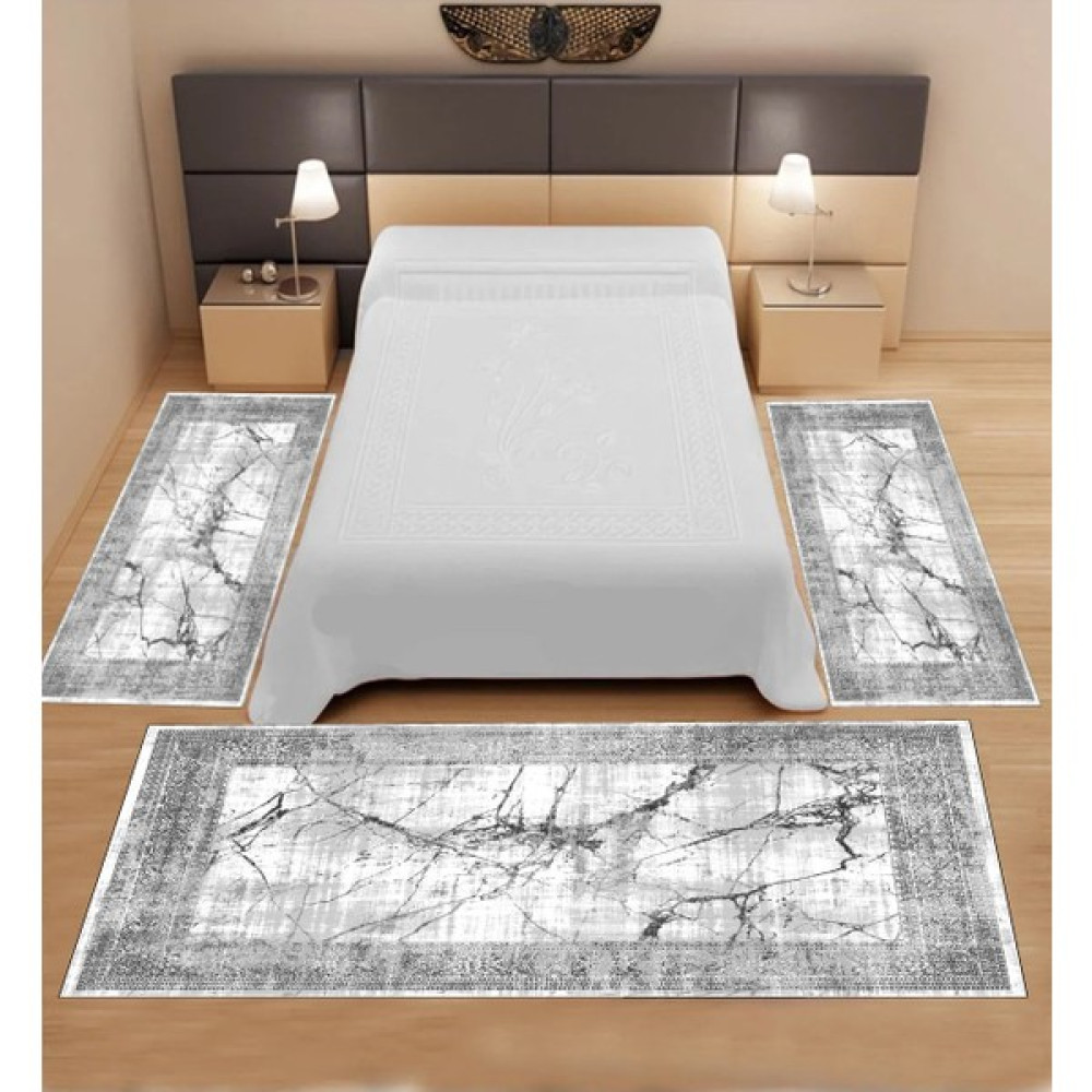 Uyke Dijital Baskılı 3 'lü Modern Yatak Odası Halısı Yolluk Takımı ( 2 Adet 80 x 150 cm ) (1 Adet 80 x 300 cm ) - Gri - ​80 x 300 cm Yolluk Fiyatı