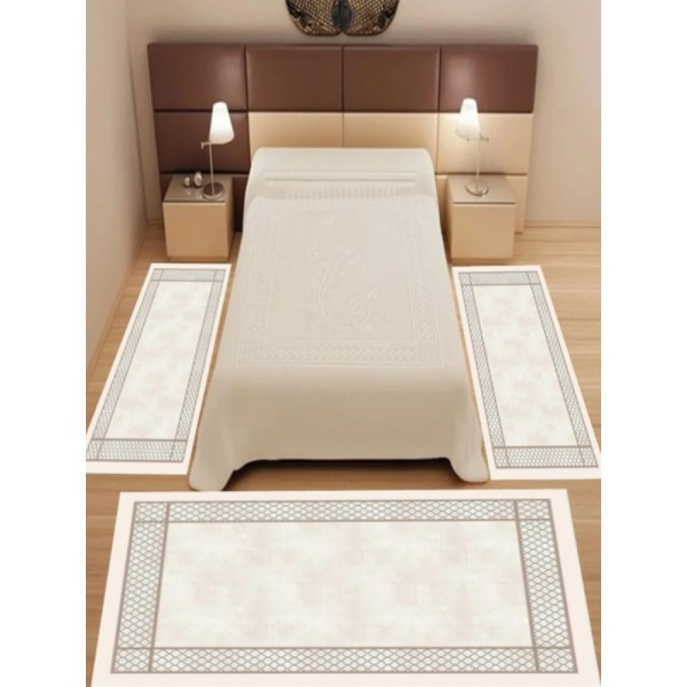 Uyke Dijital Baskılı 3 'lü Yatak Odası Halısı Yolluk Takımı ( 2 Adet 80X150 Cm) (1 Adet 80X300 Cm) - Beyaz Yatak Odası Takımı / Seti Fiyatı