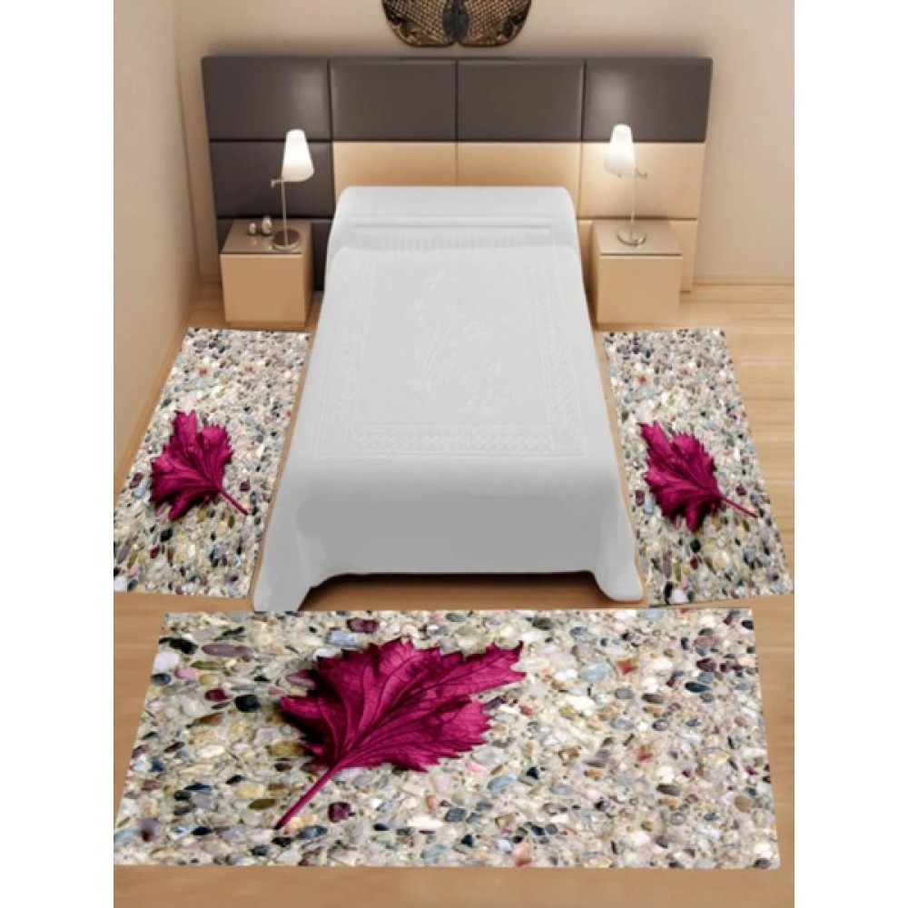 Uyke Dijital Baskılı 3 'lü Yatak Odası Halısı Yolluk Takımı ( 2 Adet 80X150 Cm) (1 Adet 80X300 Cm) - Beyaz - Pembe Yatak Odası Takımı / Seti Fiyatı