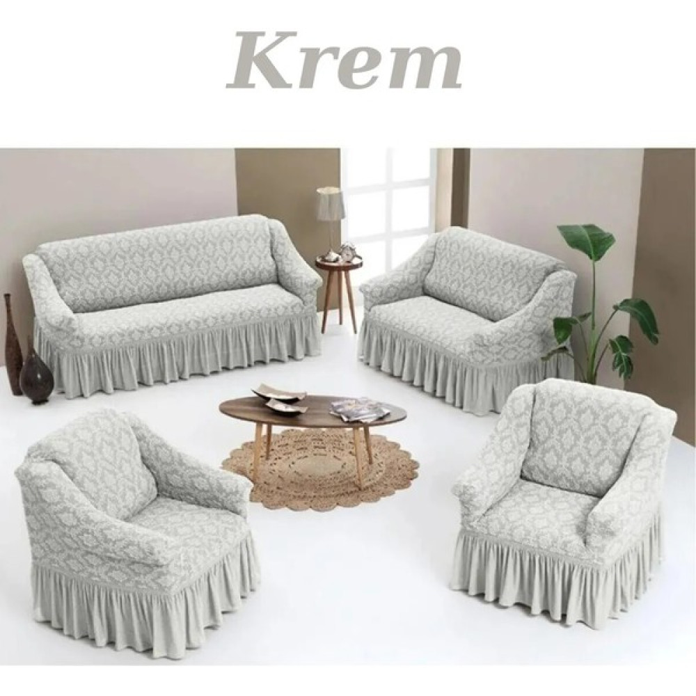 Uytm Jakarlı 3+2+1+1 Koltuk Takımı Örtüsü. Lastikli, Esnek, Yıkanabilir Koltuk, Kanepe, Çekyat Kılıfı - 180 x 230 cm - Krem Koltuk & Kanepe Örtüsü Fiyatı